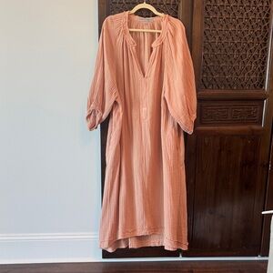 Elegant Peach 3/4 sleeve Linen Dress, low V cut and lightweight